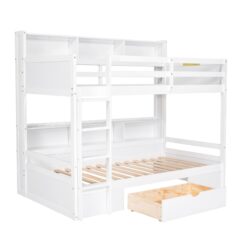 Twin Size Bunk Bed With Built-In Shelves Beside Both Upper And Down Bed And Storage Drawer - White