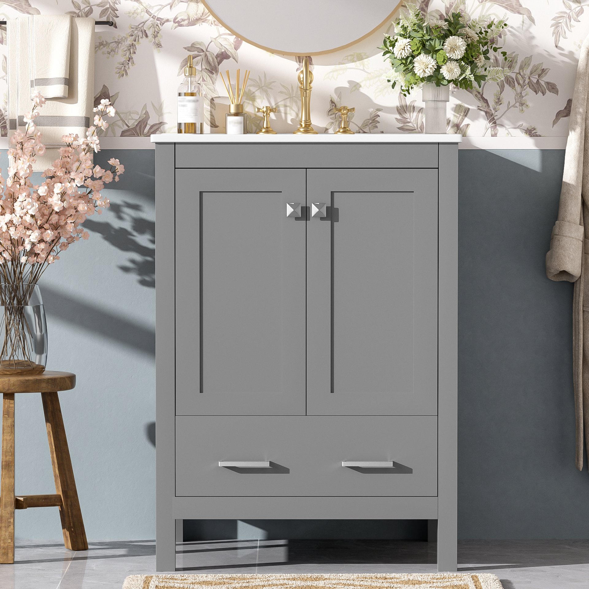 24" Bathroom Vanity With Integrated Undermount Sink, 2 Doors 1 Drawer, Soft Close Hinges, - Gray - Image 5