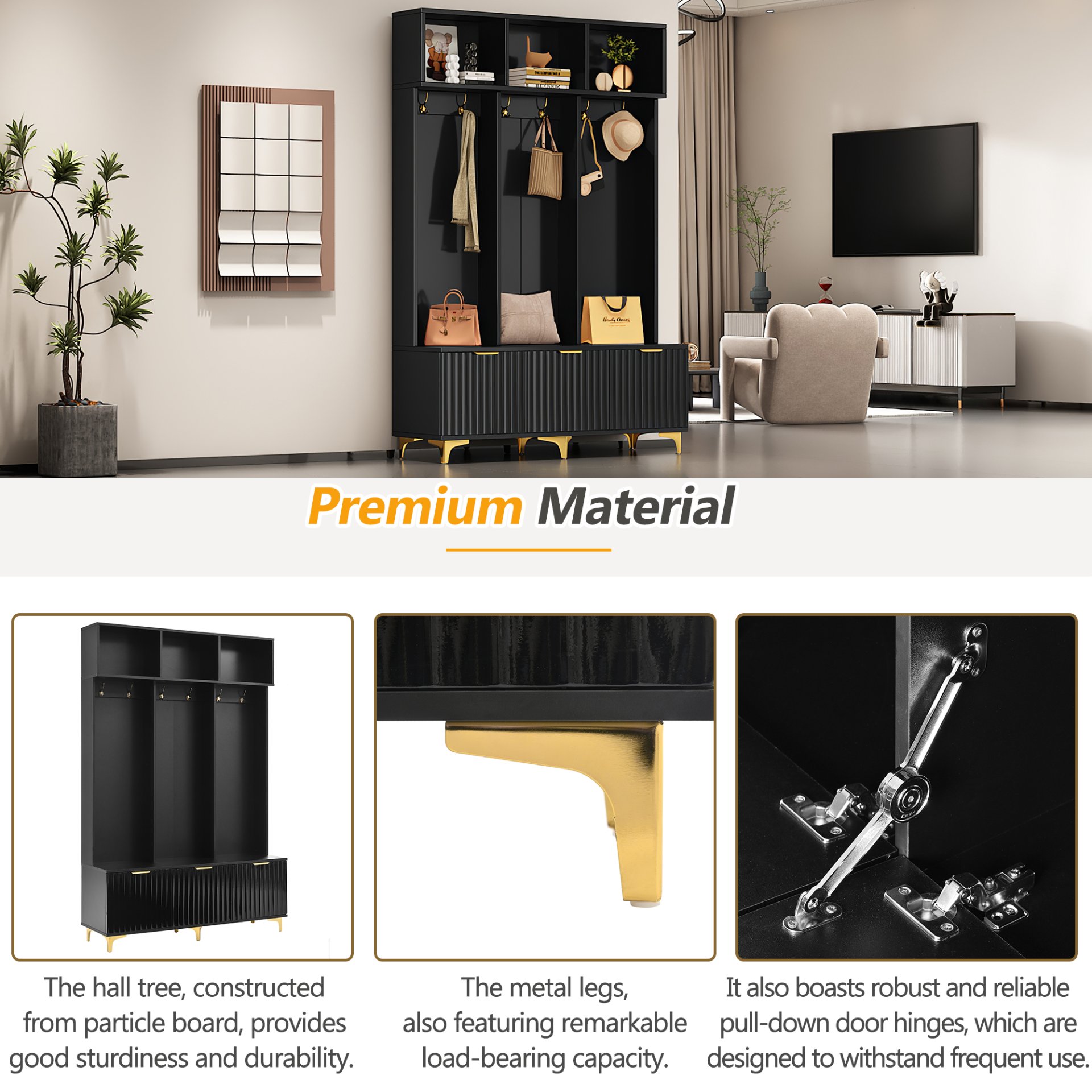 Modern Large Storage Hall Tree With Bench, Luxurious Coat Rack With 6 Hooks And Legs For Entryway, Living Room - Black / Gold - Image 9