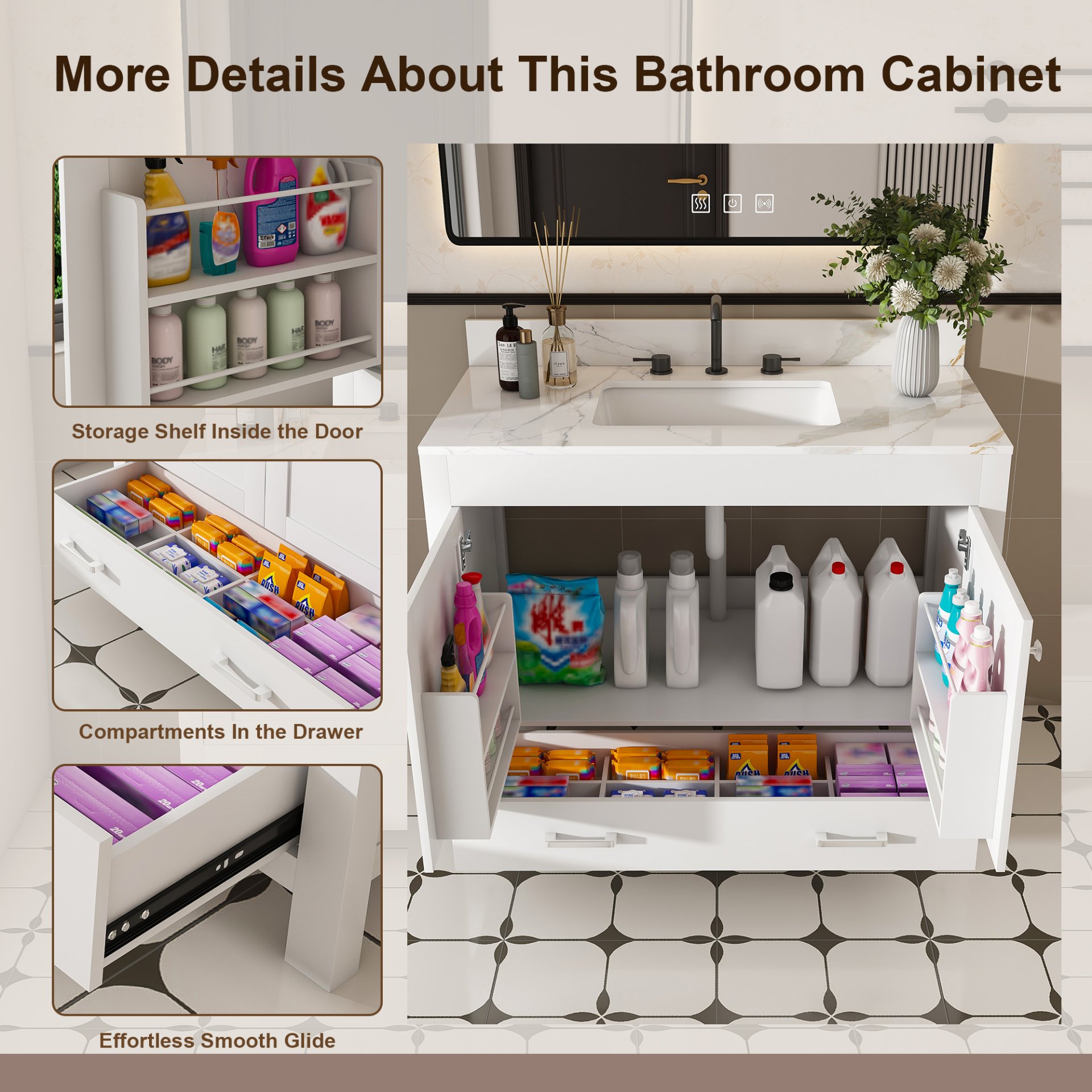 43" Bathroom Vanity, Multi Functional Cabinet With Doors And Drawer - White - Image 7