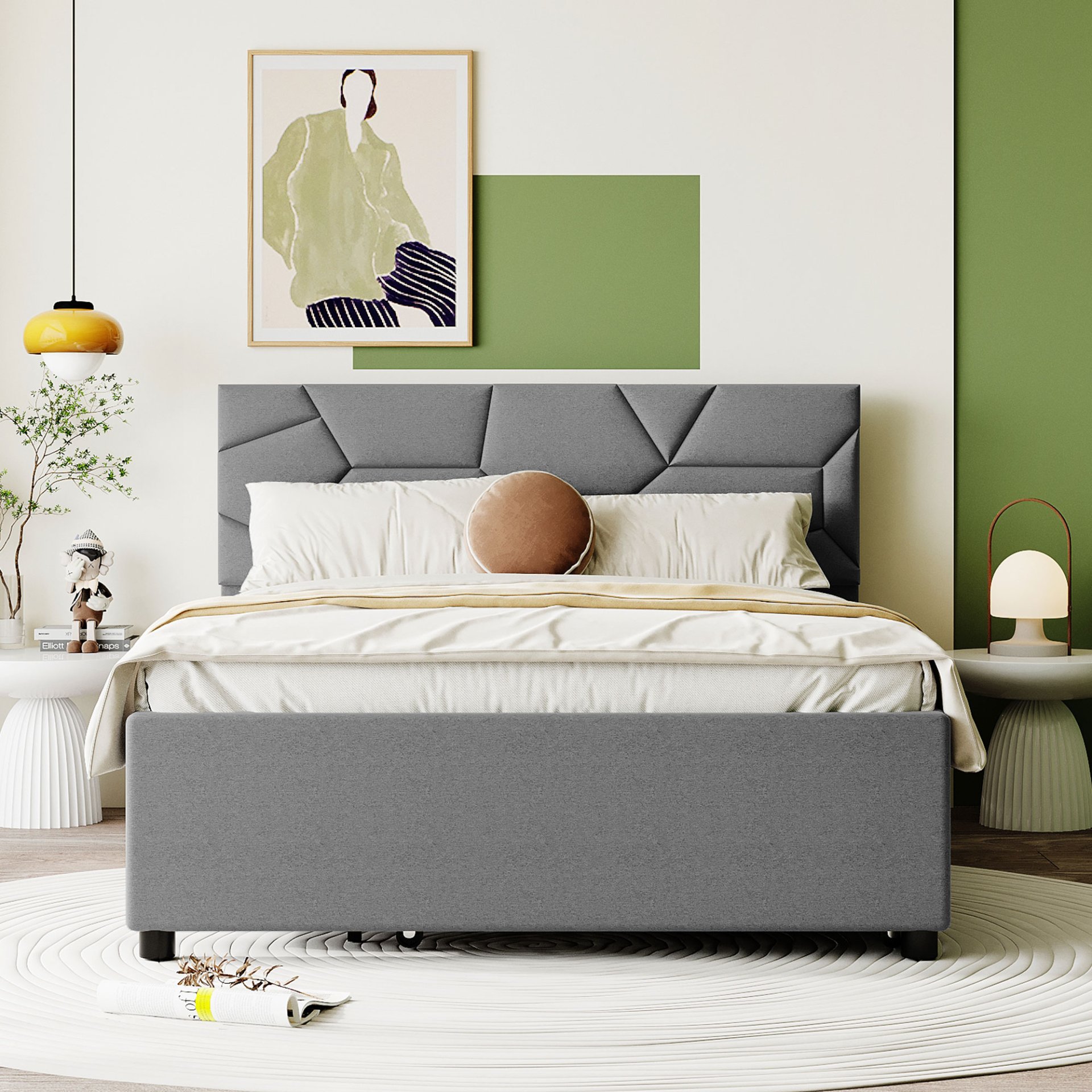 Full Size Upholstered Platform Bed With Brick Pattern Headboard And Twin Size Trundle - Gray - Image 2