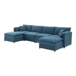 Chenille Modular Sectional Sofa, U Shaped Cloud Couch Set With Double Cushions, 6 Seat Sleeper Sofa Bed With Ottomans, Oversized Indoor Furniture - Blue