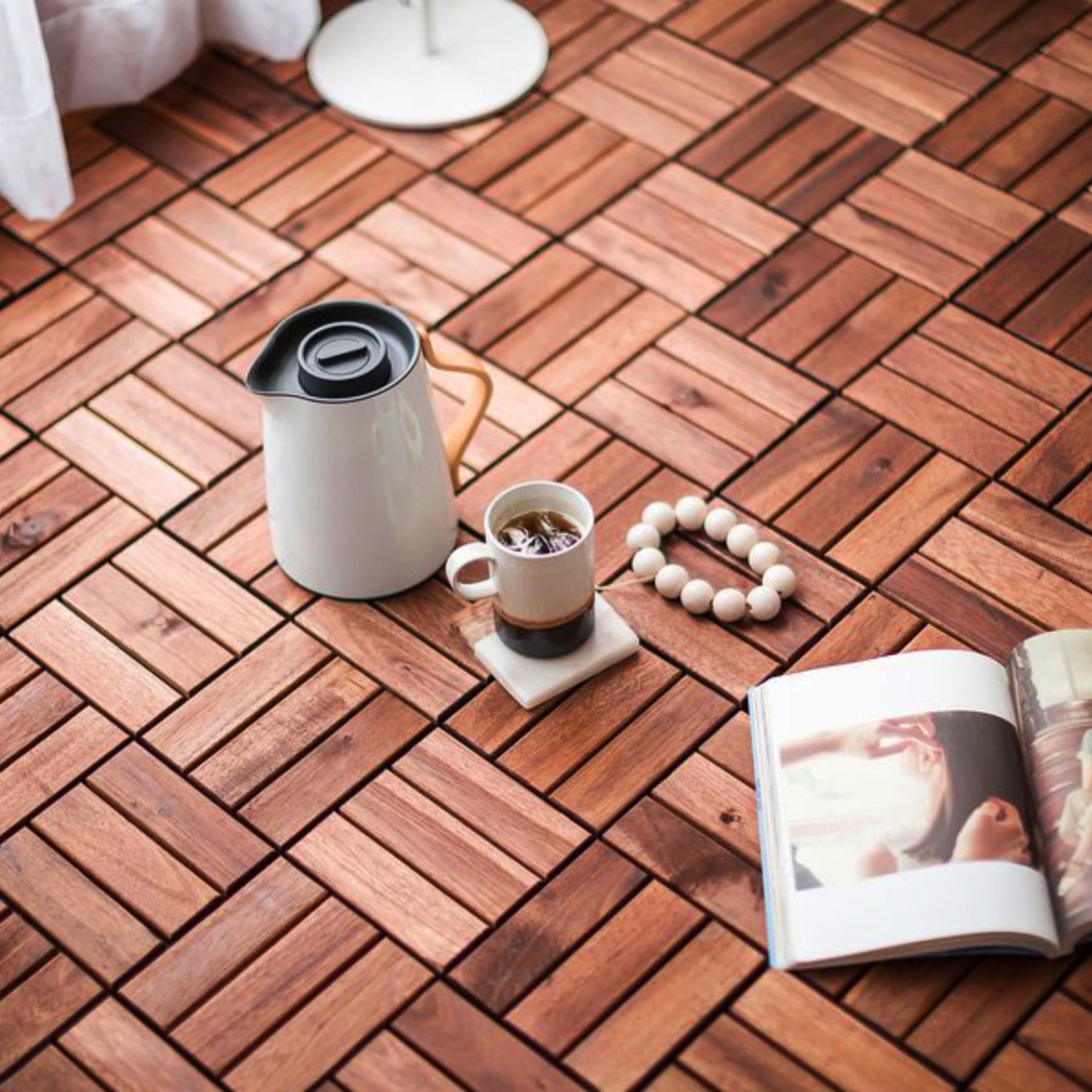 Acacia Wood Interlocking Deck Tiles Checker Pattern, 30 Piece Square Acacia Hardwood Outdoor Flooring For Patio, Bancony, Pool Side - Brown - Image 13