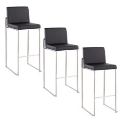 Fuji - Contemporary High Back Barstool (Set of 3) - Black - Faux Leather