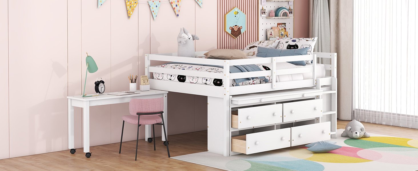 Full Size Loft Bed With Retractable Writing Desk And 4 Drawers, With Lateral Portable Desk And Shelves - White - Image 21