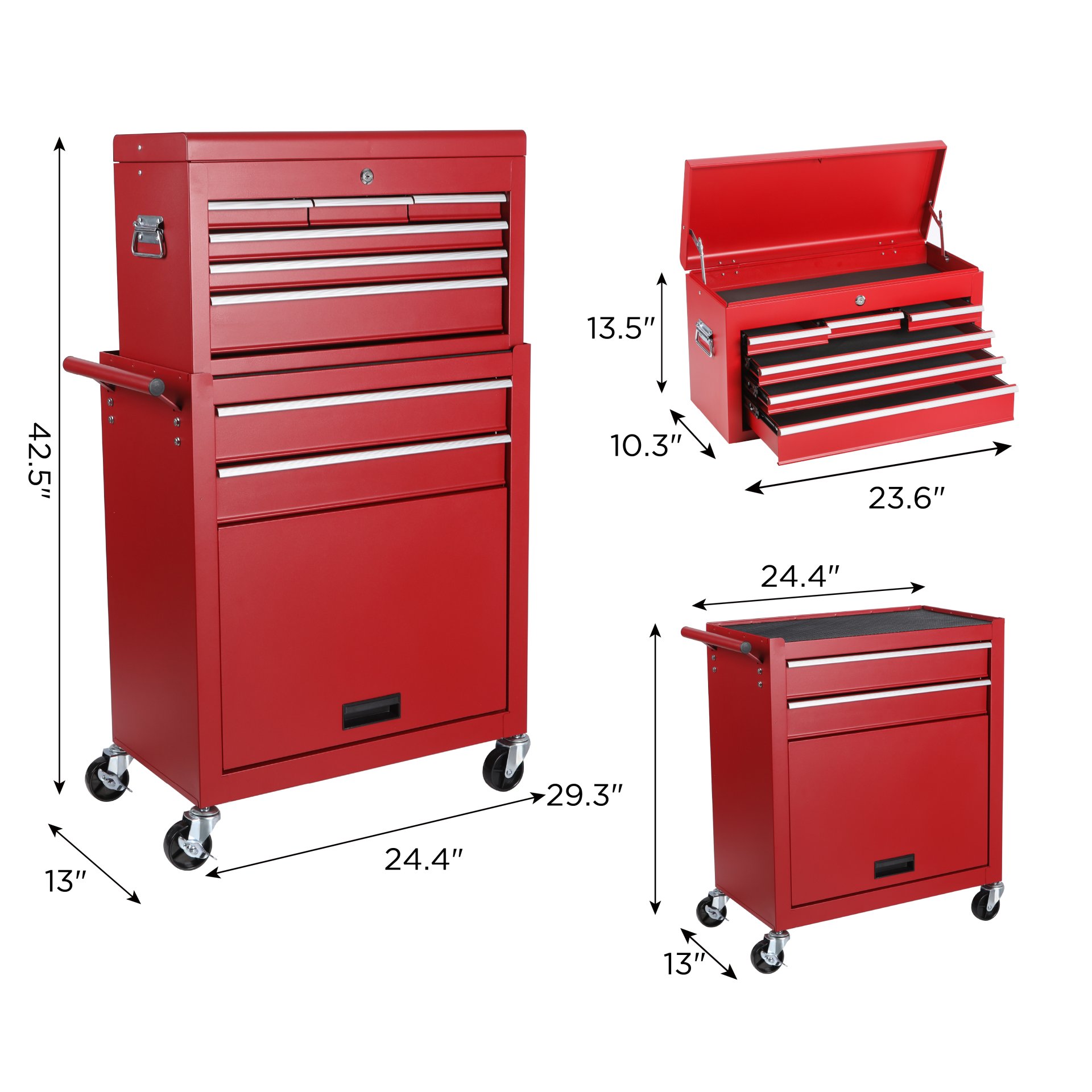 8 Drawer Rolling Tool Chest With 2 In 1 Detachable Top Box, Lockable Wheels, Liners, And Side Hooks Metal Tool Cabinet For Garage - Red - Image 3