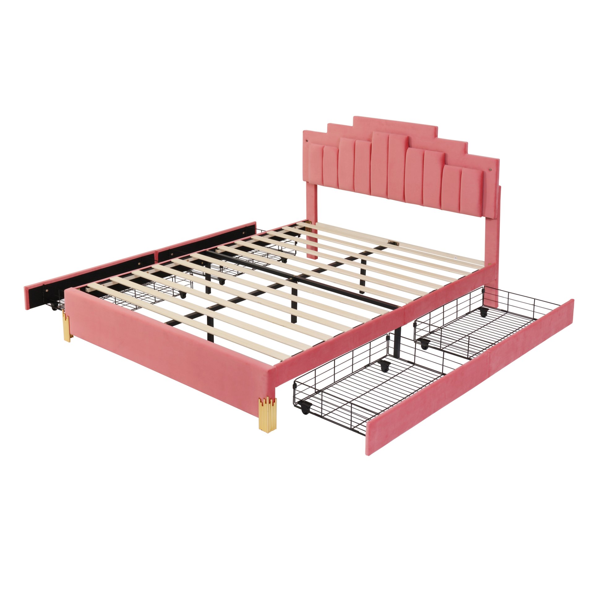 Queen Size Upholstered Platform Bed With LED Lights And 4 Drawers, Stylish Irregular Metal Bed Legs Design - Pink - Image 5