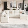 Sectional Sofa Pull-Out Sofa Bed Sleeper With A Storage Ottoman, Three Pillows And Charging Devices For Living Room - Cream - Image 8