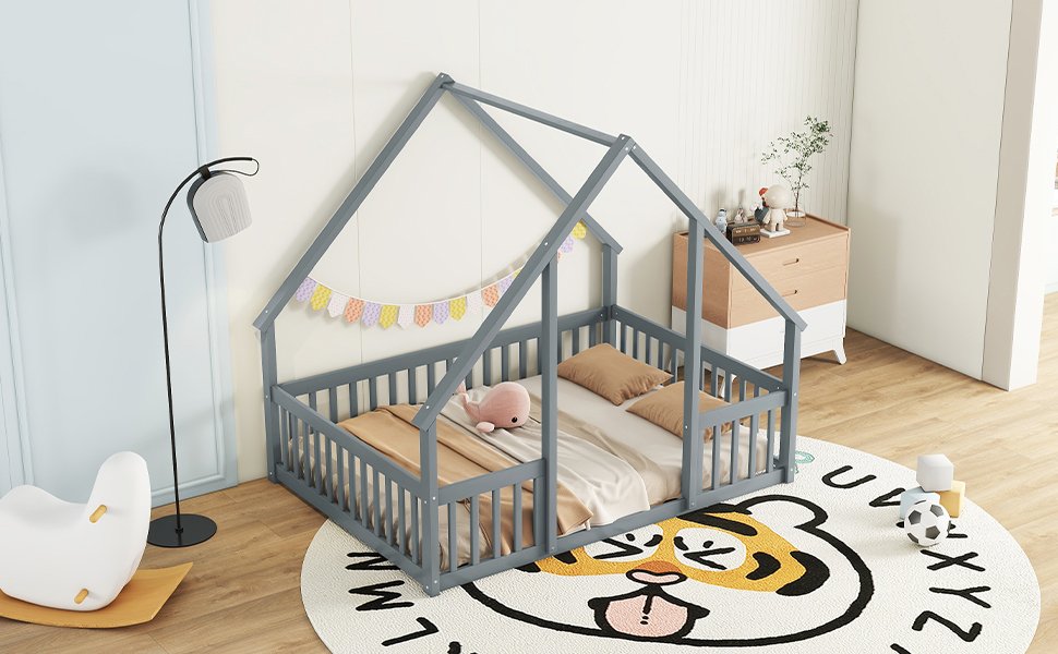 Full Wood House-Shaped Floor Bed With Fence, Guardrails - Gray - Image 7