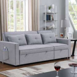 Zoey - Linen Convertible Sleeper Sofa With Side Pocket - Light Gray