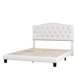 Queen Upholstered Platform Bed With Saddle Curved Headboard And Diamond Tufted Details - Beige
