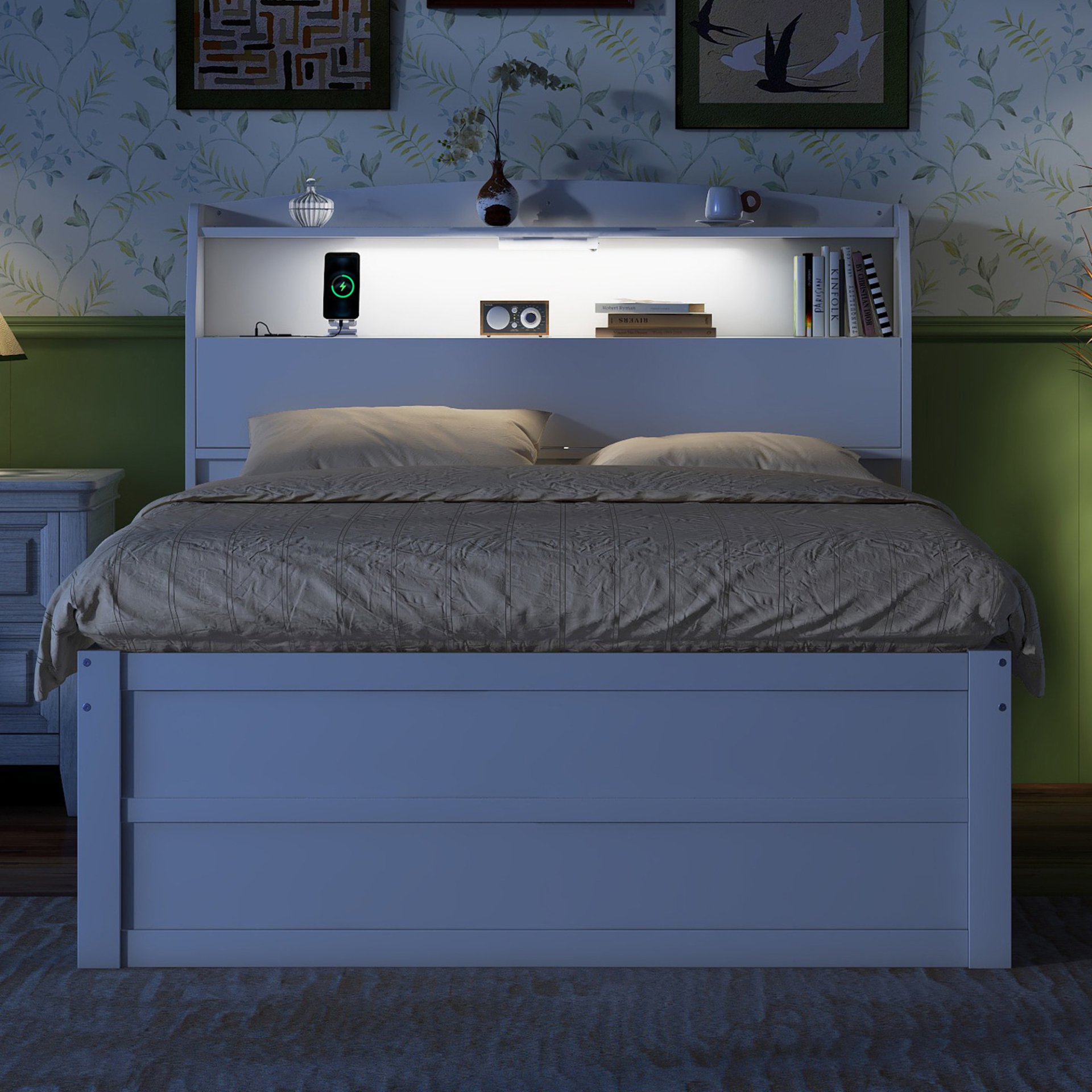 Full Size LED Platform Bed With Trundle With Storage Headboard With Drawers - White - Image 3