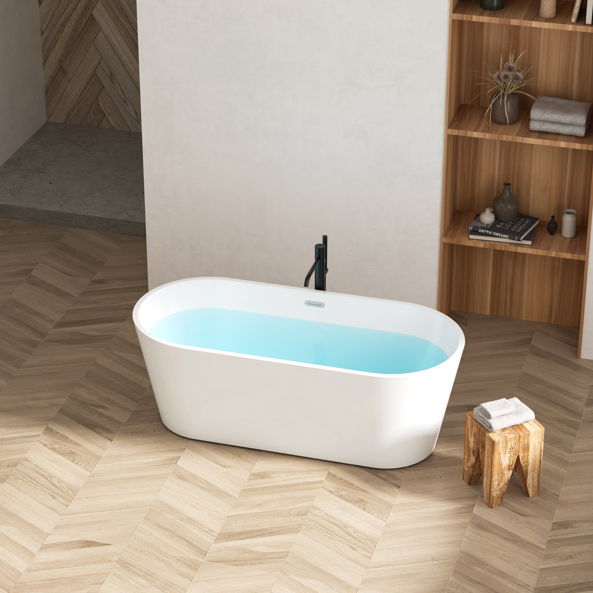 Freestanding Bathtub, Modern & Contemporary Design Soaking Tub With Toe-Tap Drain In Chrome And Classic Slotted Overflow - Glossy White - Image 4