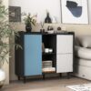 Modern Sideboard Buffet Cabinet With Red Doors And Unique Panel Styling - Black - Image 2