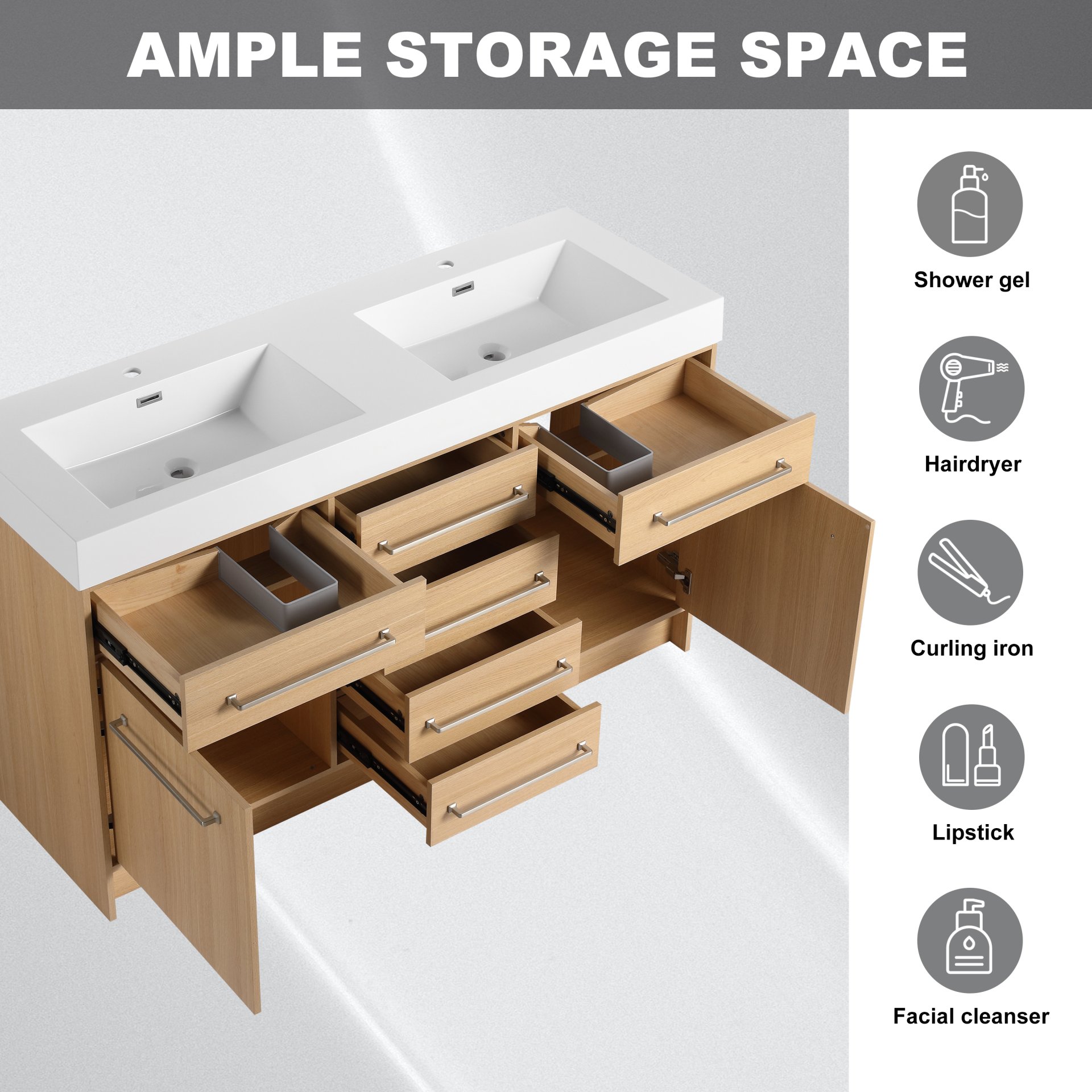Original 60" Freestanding Bathroom Vanity With Double Resin Sink Soft Closing Doors & Drawers Plywood - Oak - Image 5