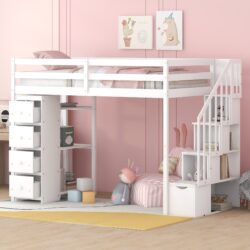 Twin Size Loft Bed With Storage Drawers And Stairs With Shelves - White
