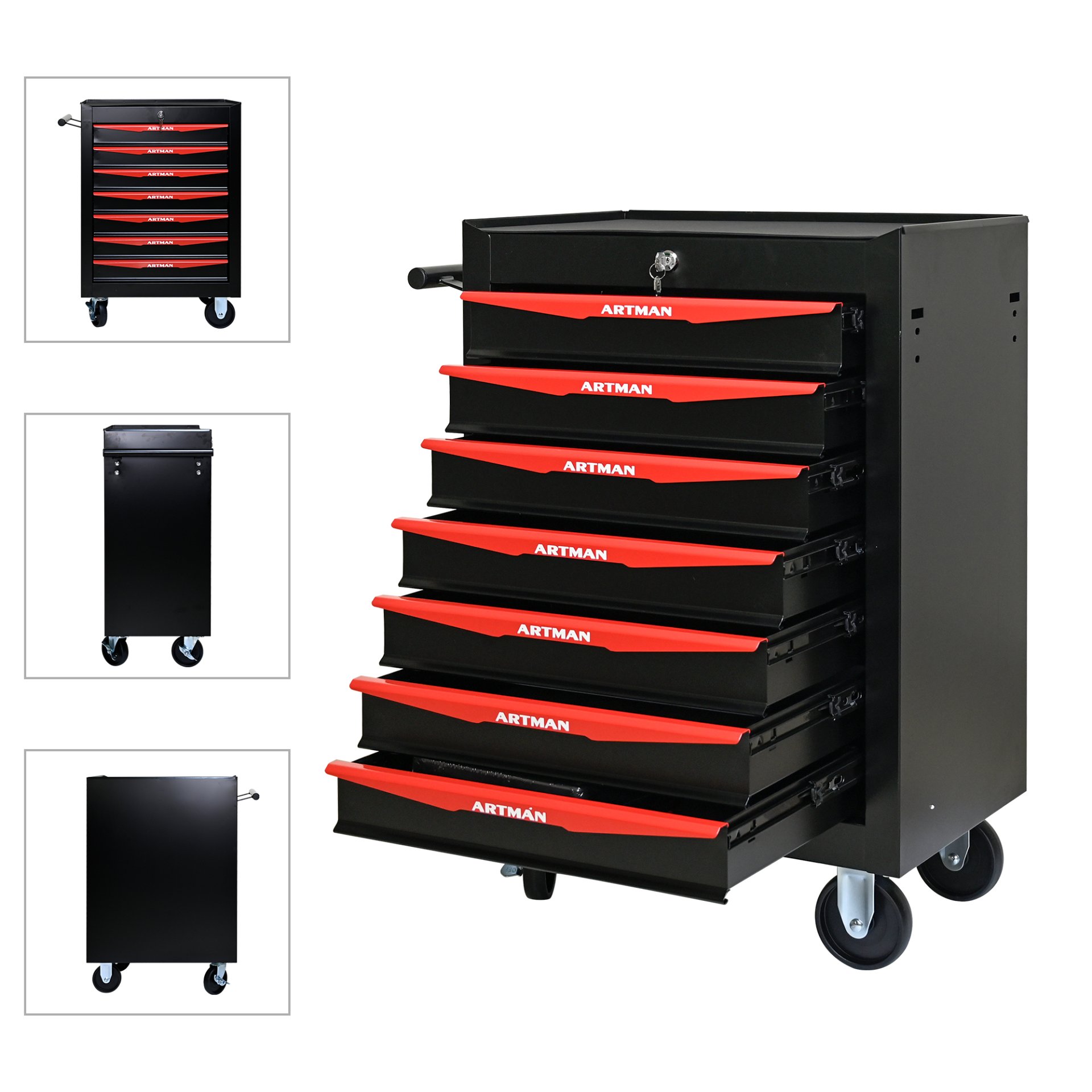 Rolling Metal Tool Chest With 7 Drawers, Steel Storage Cabinet With Ball Bearing Slides - Black / Red - Image 6
