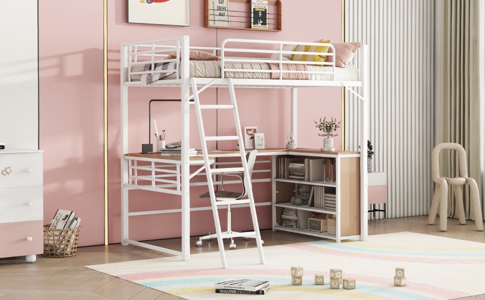 Twin Size Loft Bed With 3 Layers Of Shelves And L-Shaped Desk - White - Image 14