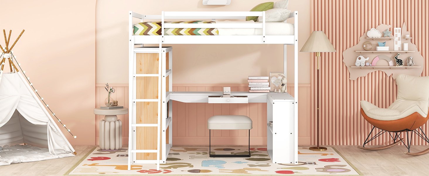 Full Size Loft Bed With Ladder, Shelves, And Desk - White - Image 15