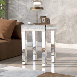 Fashionable Modern Glass Mirrored Side Table End Table With Crystal Design And Adjustable Height Legs - Silver