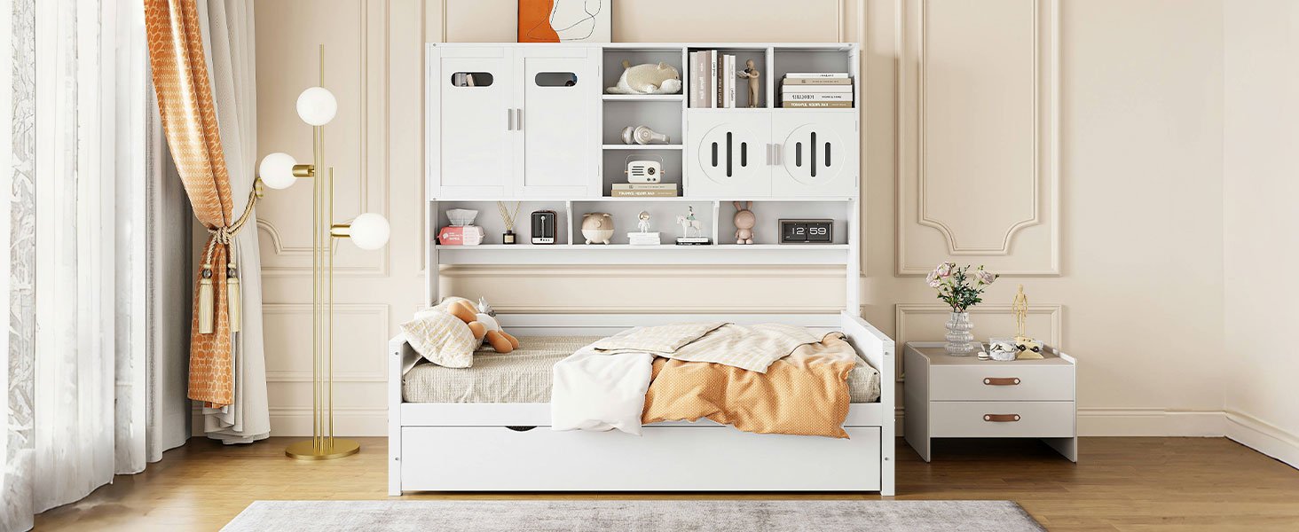 Twin Size Wooden Daybed With Twin Size Trundle, And All In One Cabinet And Shelf - White - Image 20