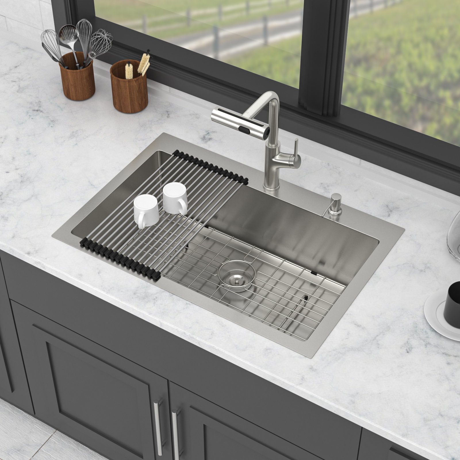 30" Single Bowl Drop In Kitchen Sink With Pull Out Faucet And Soap Dispenser - Brushed Nickel - Image 4