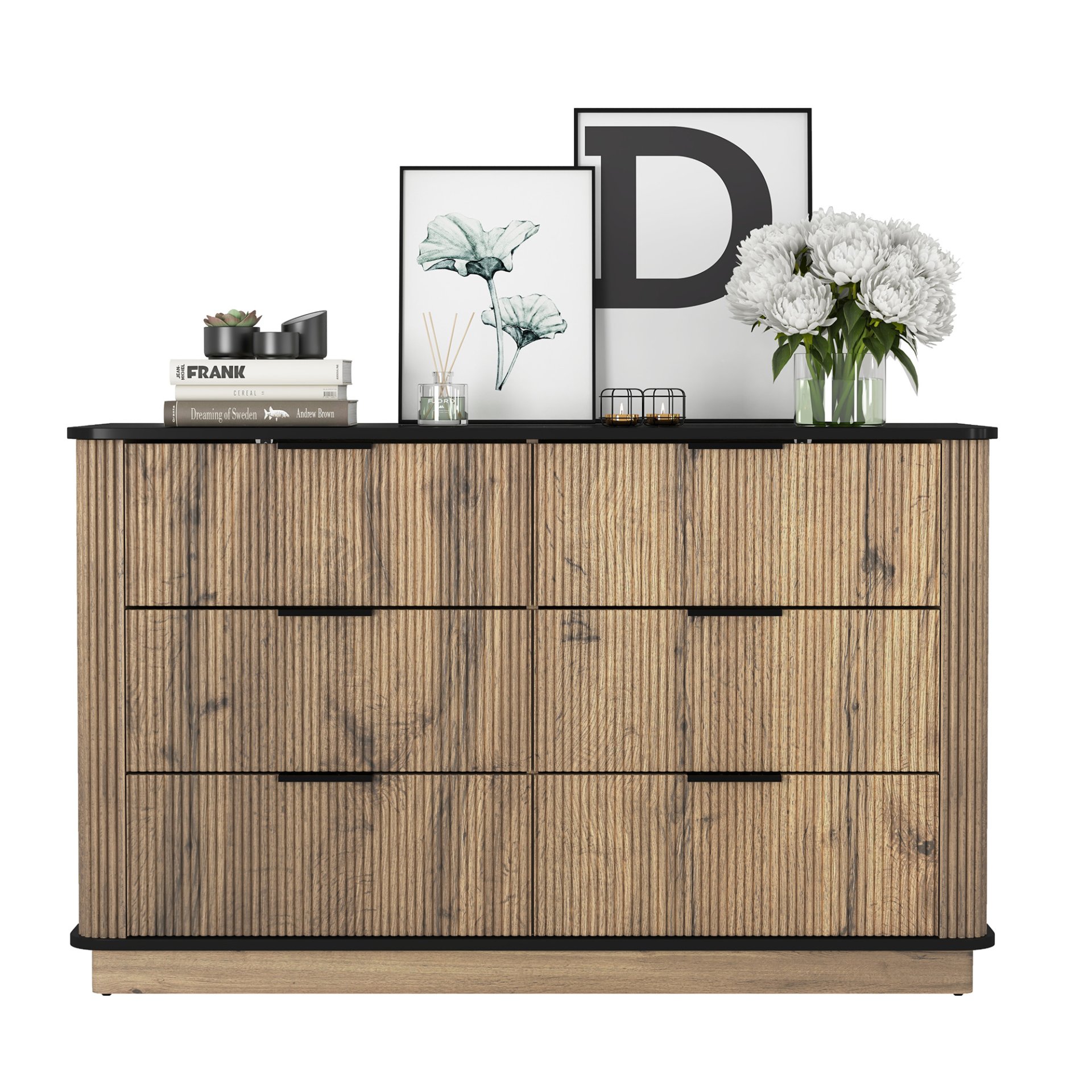 Modern 6 Drawer Cabinet With Metal Rounded Corners And Exquisite Handles Multi Functional Storage - Natural Wood - Image 15
