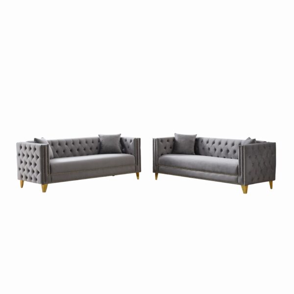 3 And 3 Seater Deep Seat Sofa With Button Nailhead And Square Arm Design - Gray