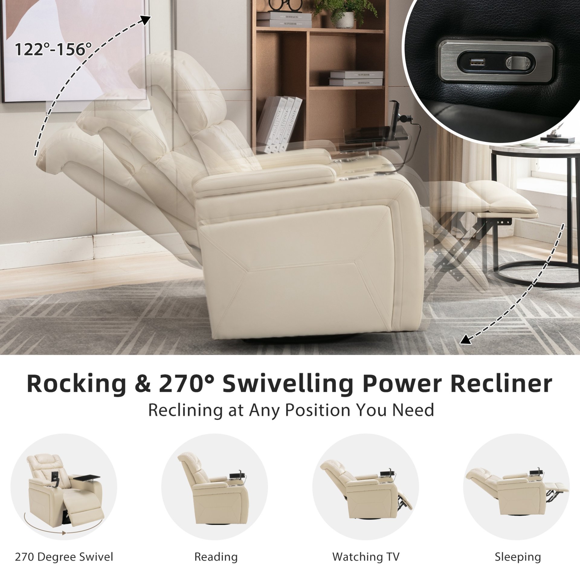 Home Theater Recliner With 270 Degree Swivel, Power Recliner With Tray Table, Phone Holder, Cup Holder, USB Port - White - Image 4