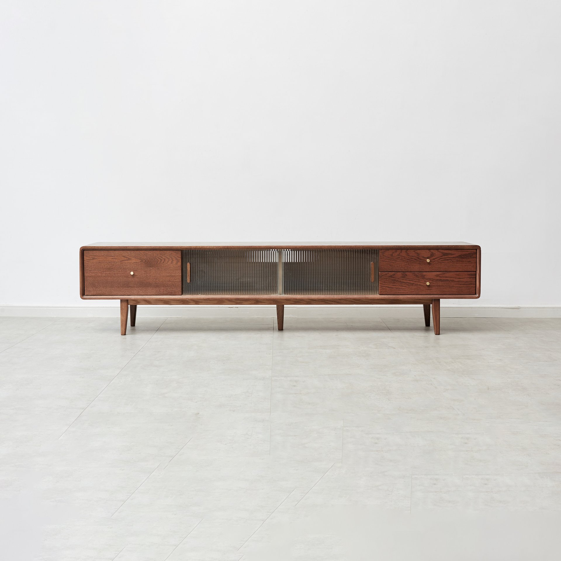 TV Cabinet With Chinese Changhong Glass Doors, Two Drawer Storage Space TV Standing - Walnut - Image 9