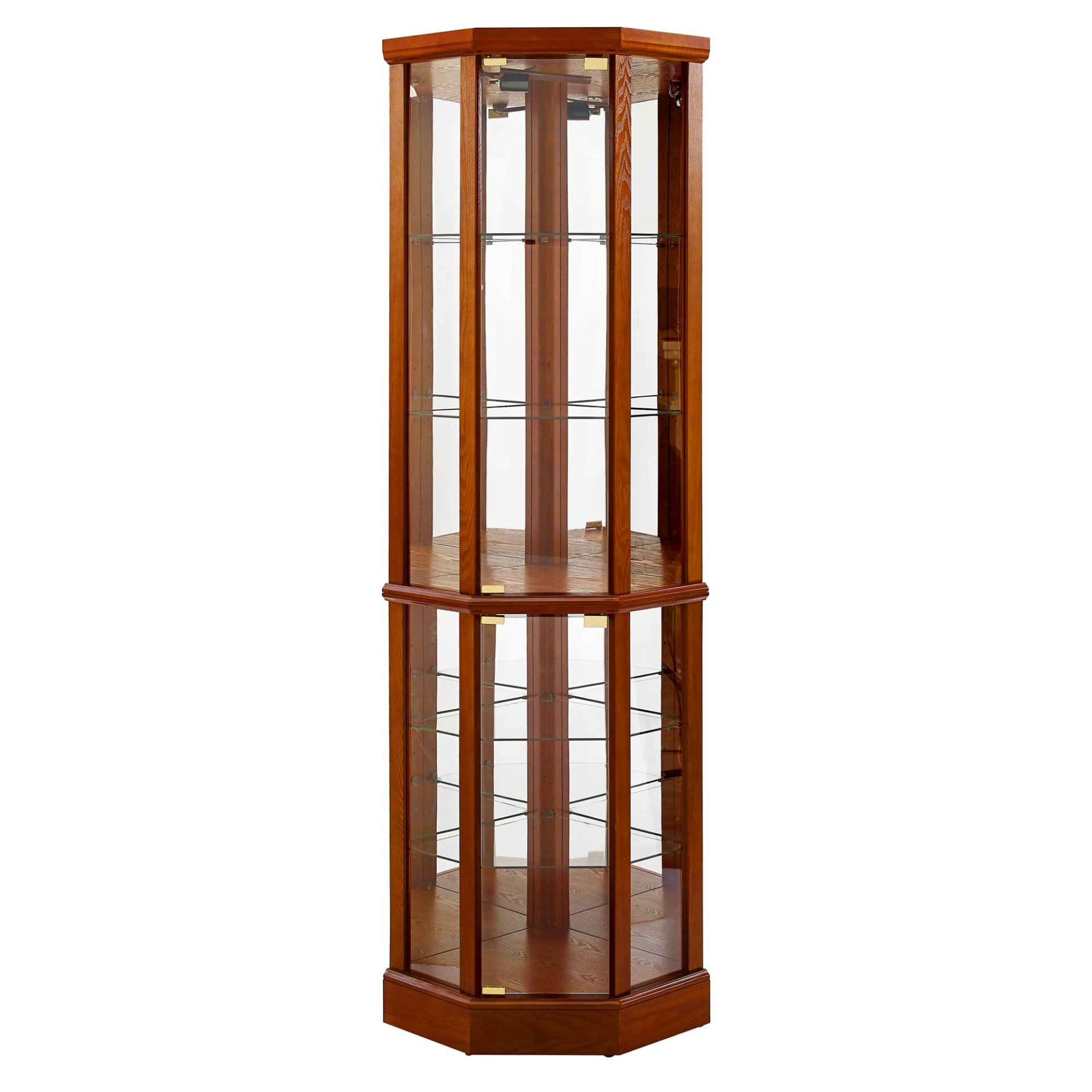 6 Shelf Lighted Corner Curio Cabinet With Adjustable Tempered Glass Shelves And Mirror Back (E26 Light Bulb Not Included) - Oak - Image 8