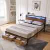 Modern King Size Metal Platform Bed Frame With Wooden Headboard USB Charging LED Lights And Storage - Brown / Black - Image 2