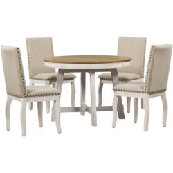 5 Piece Farmhouse Dining Table Set Wood Round Extendable Dining Table And 4 Upholstered Dining Chairs - Oak Natural / Antique White
