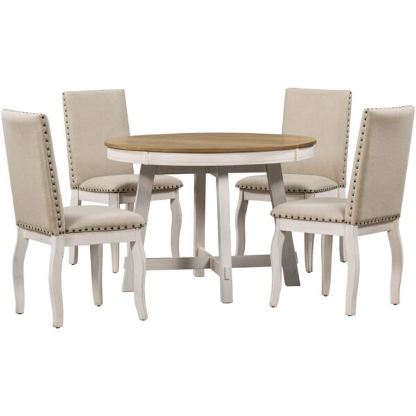 5 Piece Farmhouse Dining Table Set Wood Round Extendable Dining Table And 4 Upholstered Dining Chairs - Oak Natural / Antique White