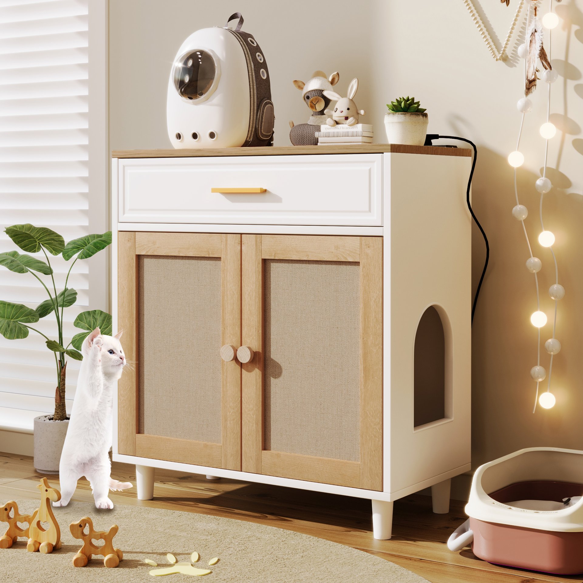 Pet Friendly Furniture Style Cat Litter Box House With Sisal Scratching Door And Charging Socket - Beige / White - Image 5