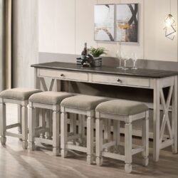 Console Table With 4 Stools - Antique White