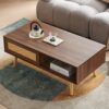 Rattan Coffee Table Sliding Door For Storage Legs Modern Table For Living Room - Walnut - Image 8