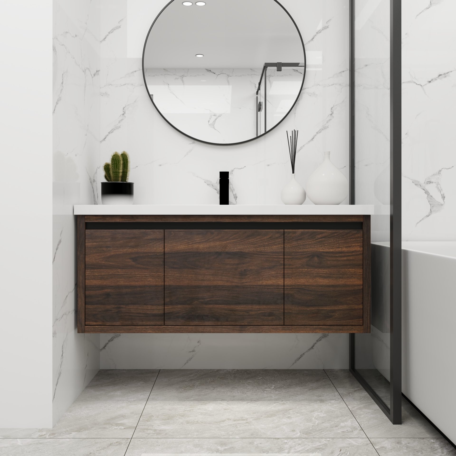 Floating 48" Bathroom Vanity With Resin Sink And Soft Close Doors California Plywood - California Walnut - Image 2