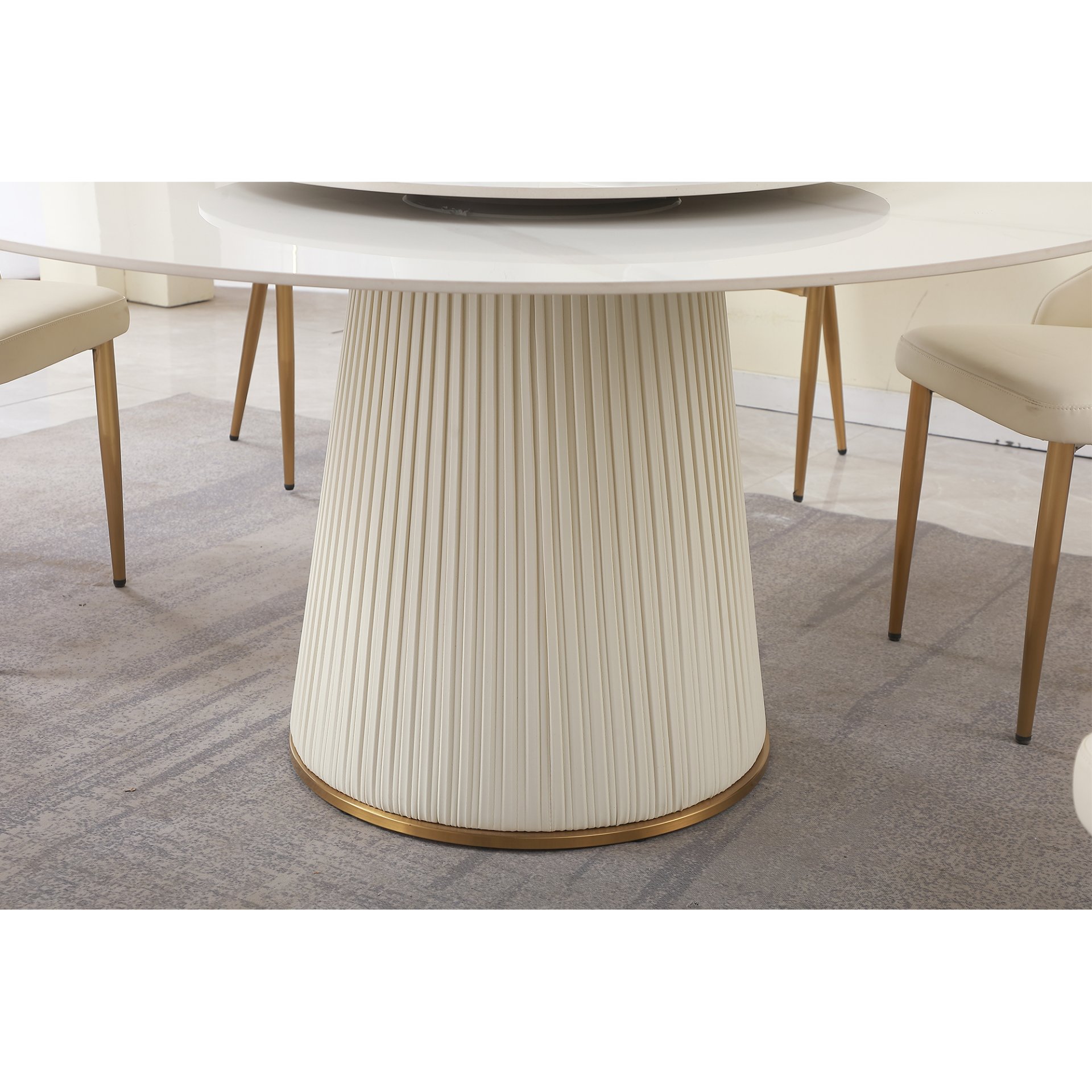 Modern Sintered Stone Dining Table With Round Turntable, Wood And Metal Pedestal, 8 Chairs - White - Image 5