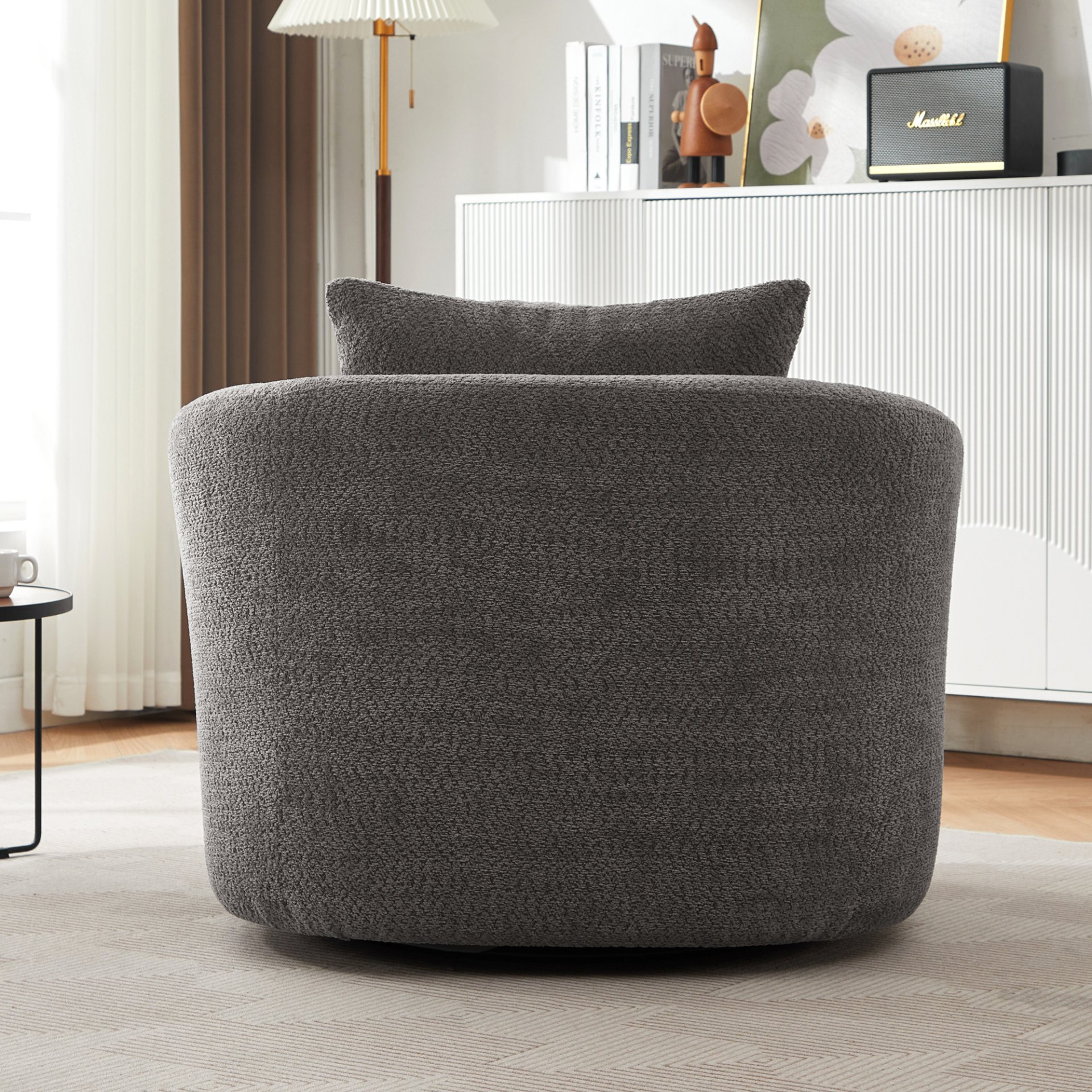Chenille Upholstered 360° Swivel Barrel Sofa Chair With Throw Pillow, Accent Chair For Living Room, Office And Hotel - Gray - Image 12