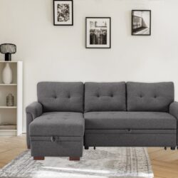 Sierra - Linen Reversible Sleeper Sectional Sofa With Storage Chaise - Dark Gray
