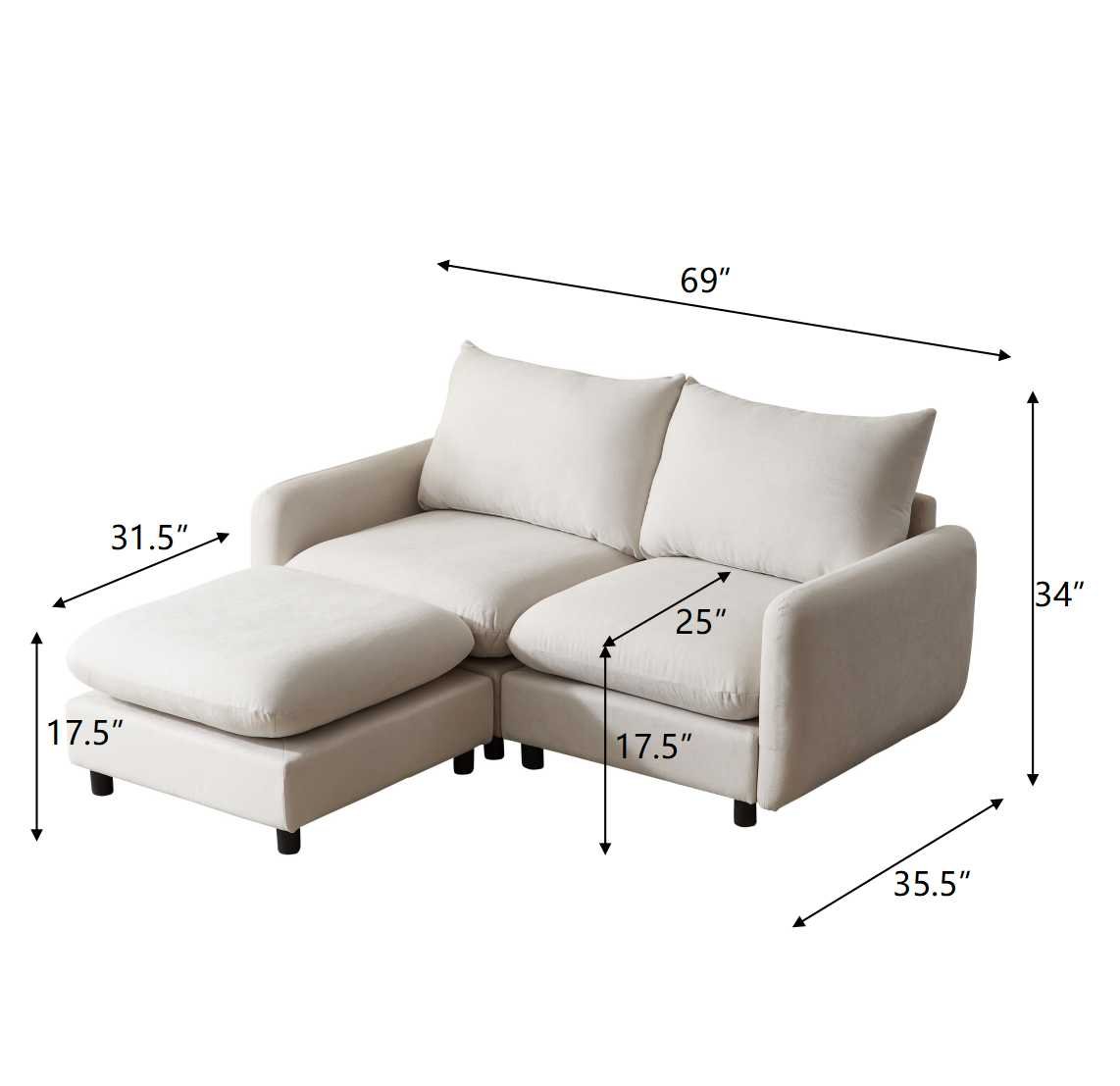 3 Piece L Shaped Modular Free Combination Sectional Sofa Couch With Ottoman - White - Image 5