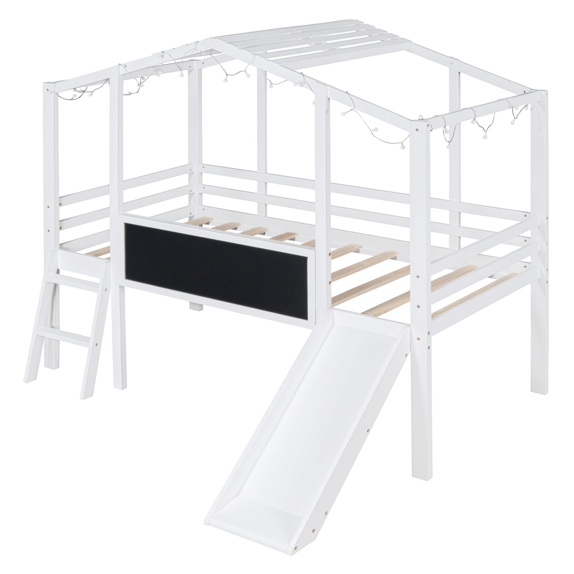 Twin Size Loft House Bed With Ladder And Slide, With Blackboard And Light Strip On The Roof - White - Image 9