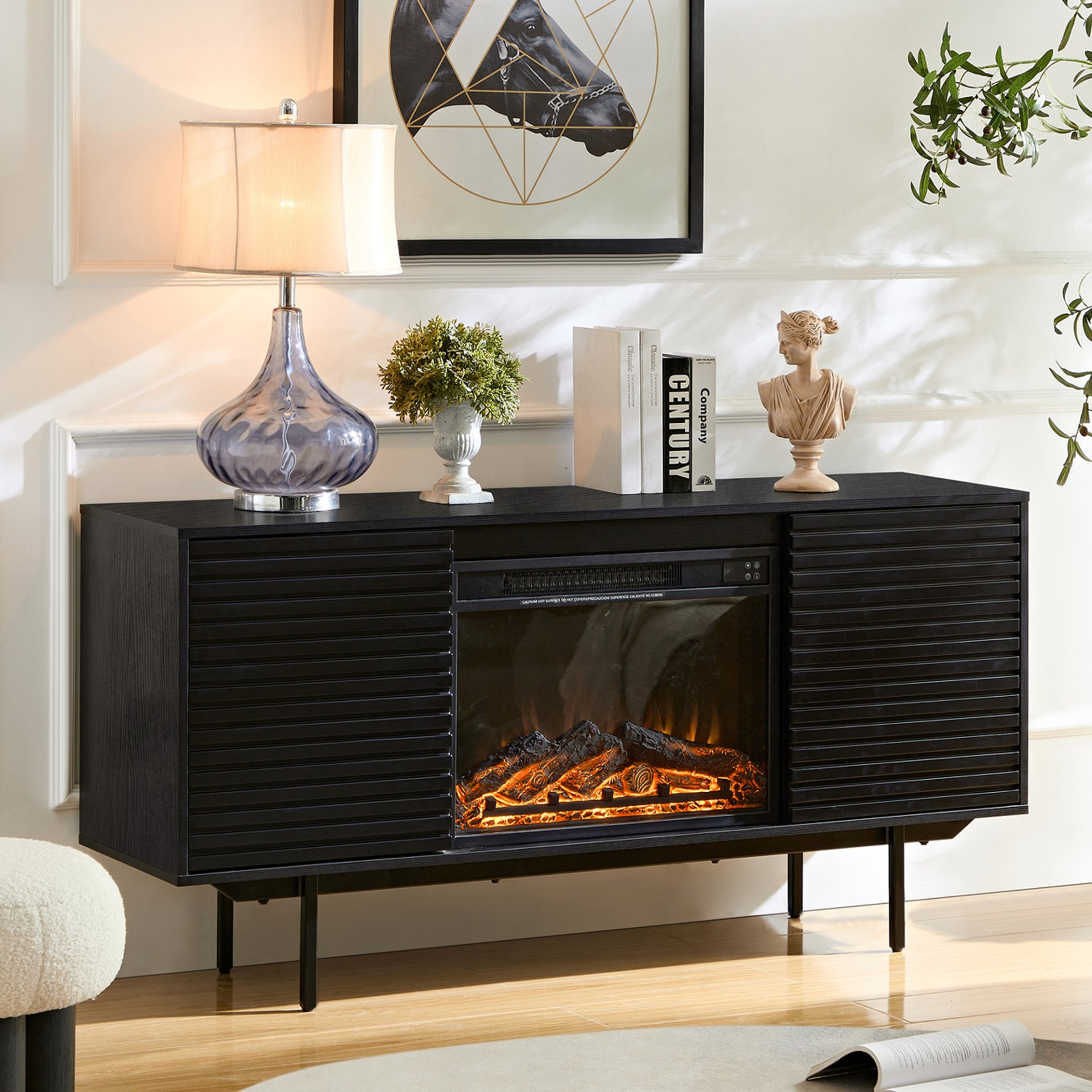 Oak Board Cabinet, The Middle Layer Board On Both Sides Of The Cabinet Can Be Adjusted, The Furnace Is Embedded In The Middle Grid With The Remote Control - Black - Image 6