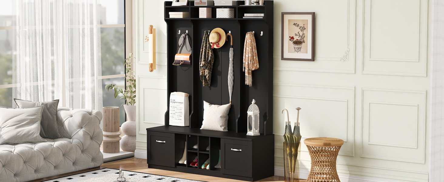 5 In 1 Entryway Bench With Coat Rack, 7 Sturdy Hooks, 2 Spacious Drawers And Adjustable Shelves, Wide Hall Tree With Metal Handles For Hallway - Black - Image 8