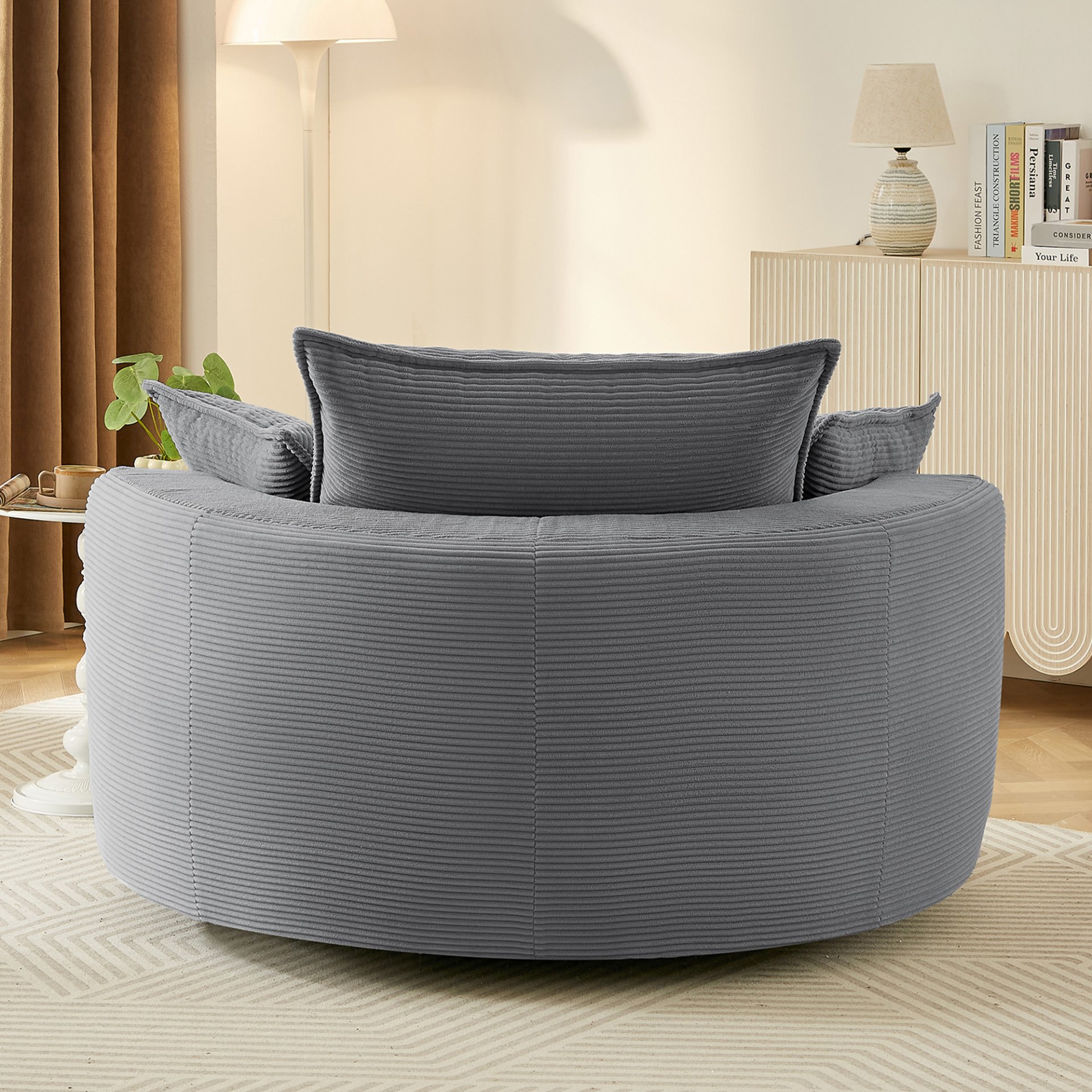 360° Swivel Sofa Chair Accent Barrel Chair With Dual Layer Cushion And 3 Removable Pillows, Corduroy - Gray - Image 11
