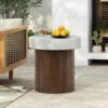 Mgo Cylindrical Side Table With Faux Stone Top And Wood Faux Base - Antique White / Natural - Image 2