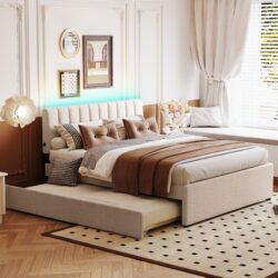 Queen Size Upholstered Platform Bed With Twin Long Trundle - Beige