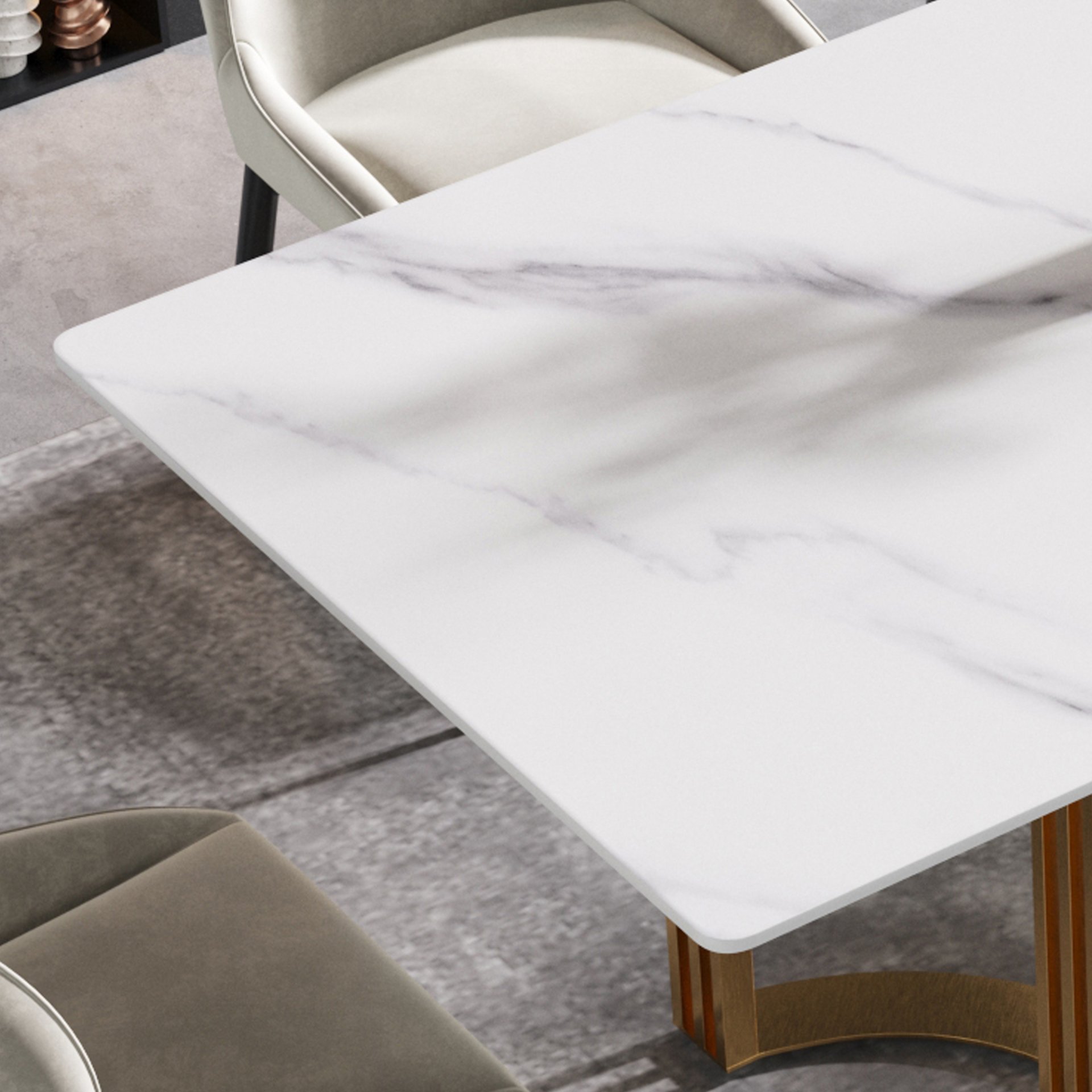 63" Modern Artificial Stone Straight Edge Metal Leg Dining Table, 6 People - White / Gold - Image 7