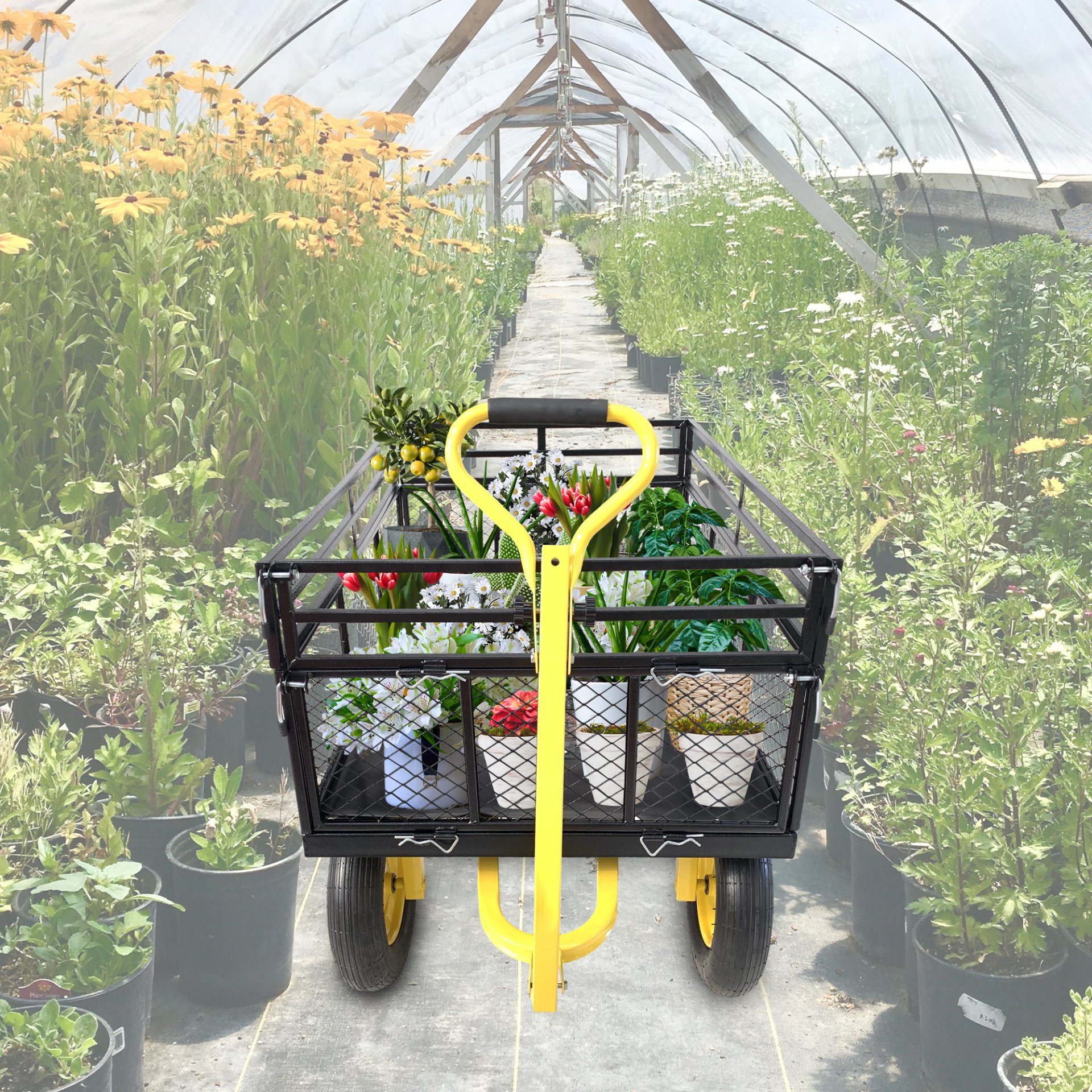 Steel Garden Cart, Heavy Duty 1400 Lbs Capacity, With Removable Mesh Sides To Convert Into Flatbed, Utility Metal Wagon With 2-In-1 Handle And 16 In Tires, Perfect For Garden, Farm, Yard - Black - Image 9